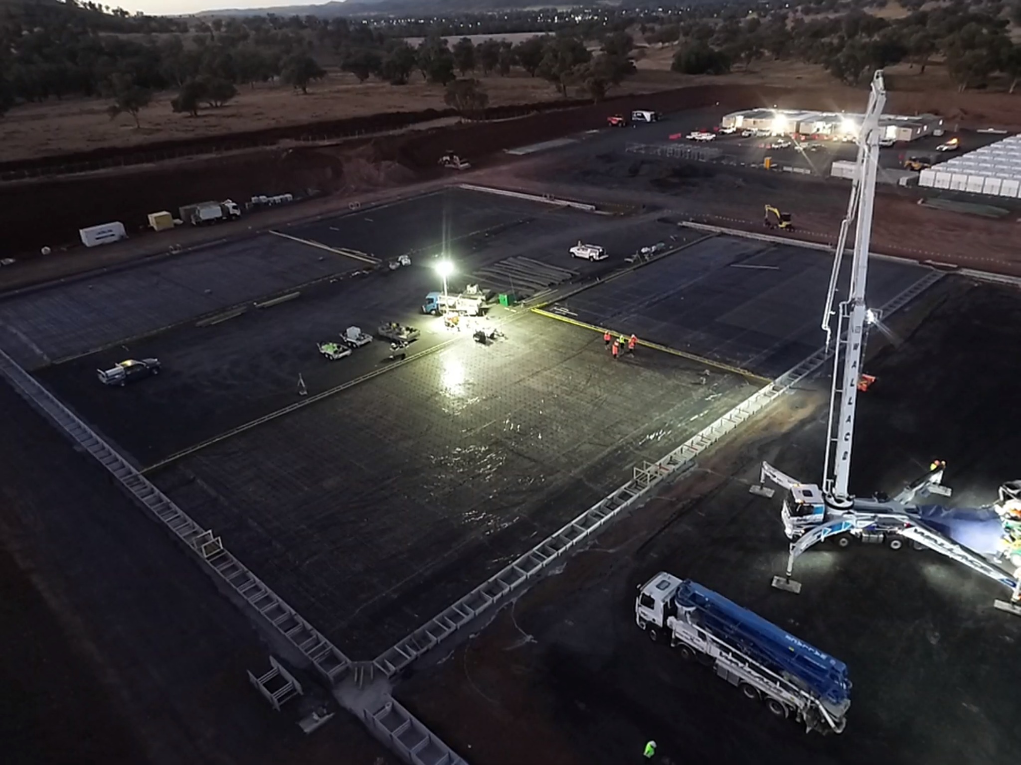 Night concrete pour on industrial construction project