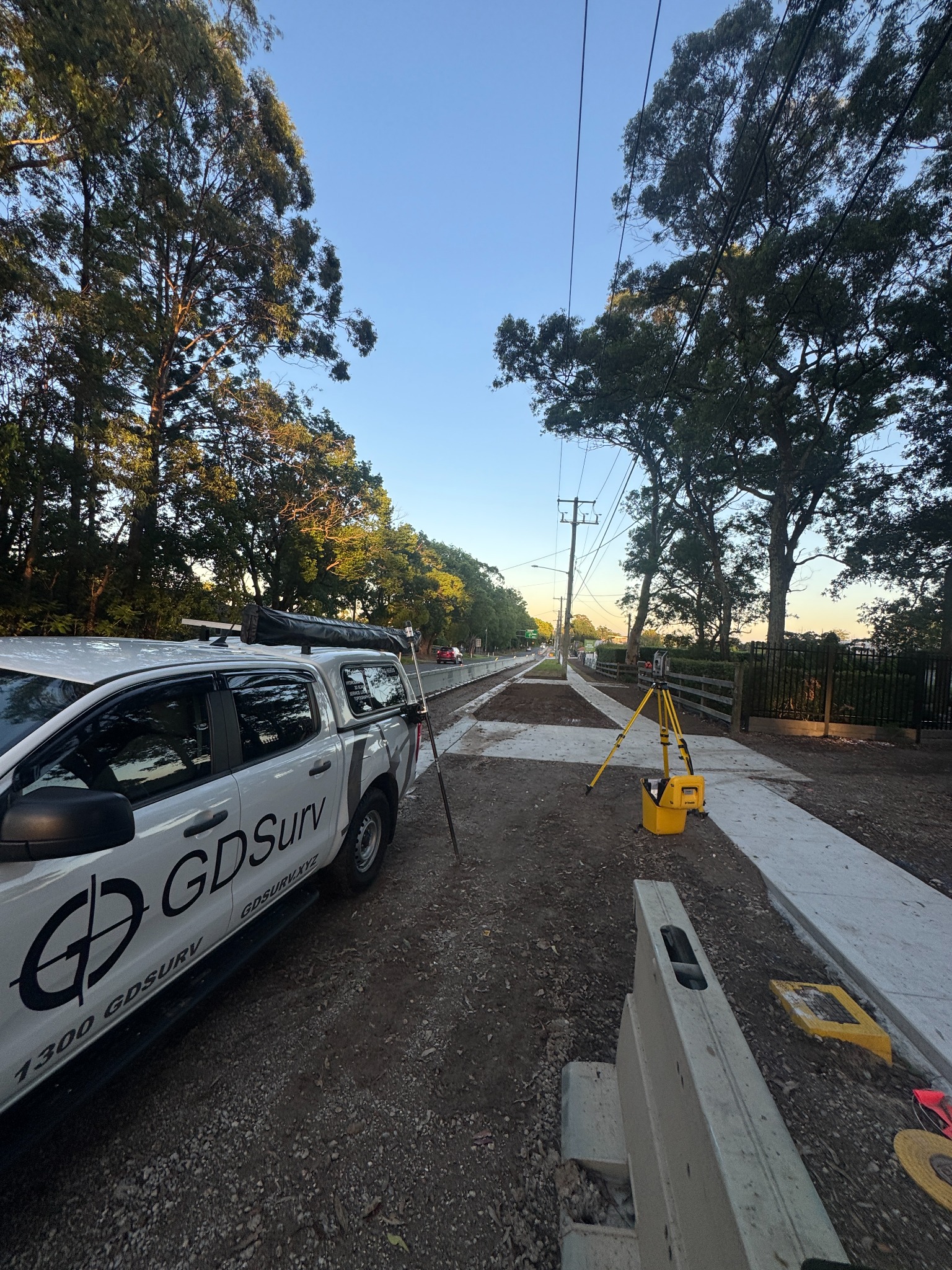 Topographical field survey vehicle at sunrise